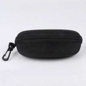 Black hard shell sunglass pouch with zipper and carabiner