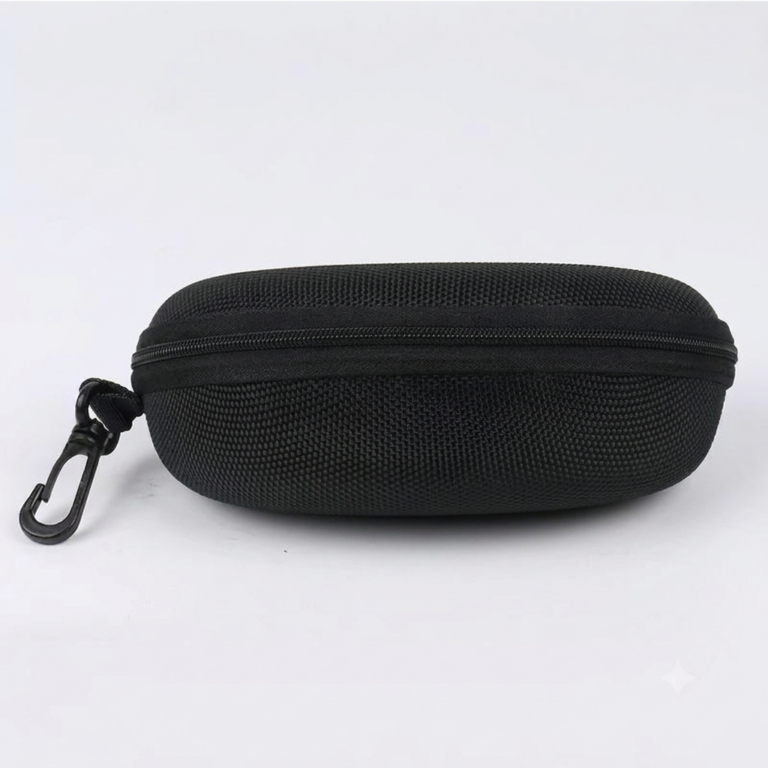 Black hard shell sunglass pouch with zipper and carabiner