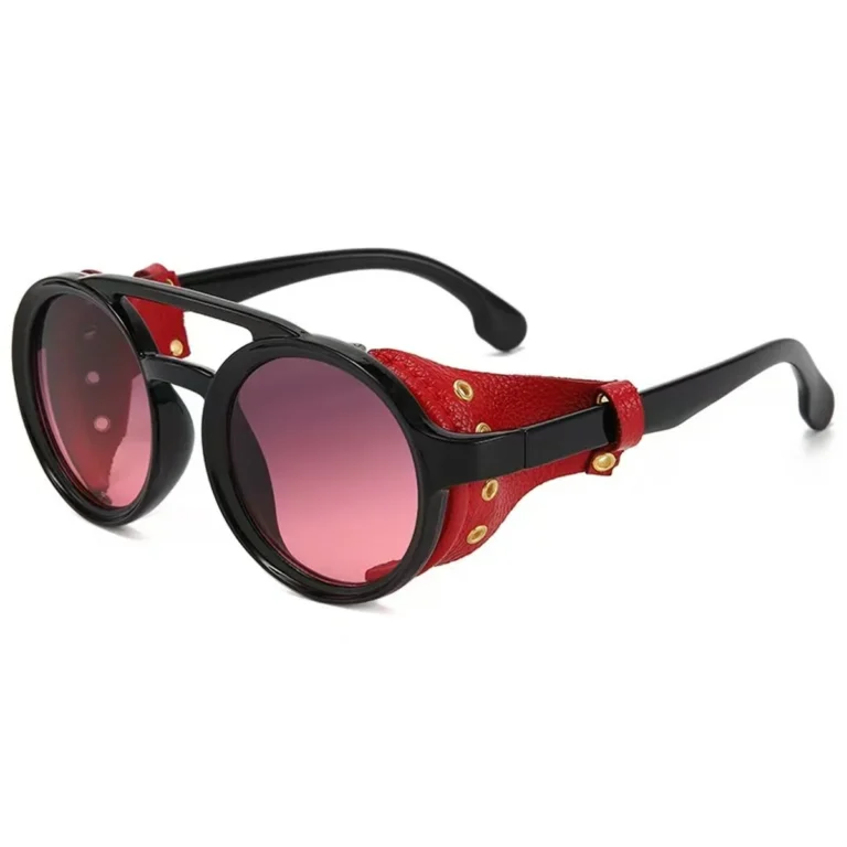 Red Vintage Steampunk Round Sunglasses - Red Leather Side Shield - RaveStore.lk