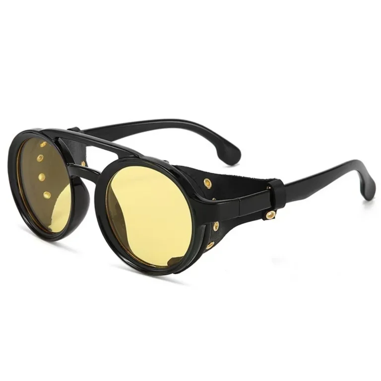 Yellow Vintage Steampunk Round Sunglasses - Black Leather Side Shield - RaveStore.lk