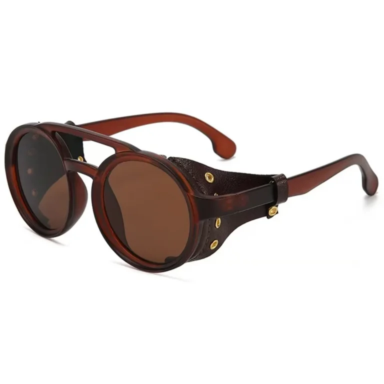 Brown Vintage Steampunk Round Sunglasses - Brown Leather Side Shield - RaveStore.lk