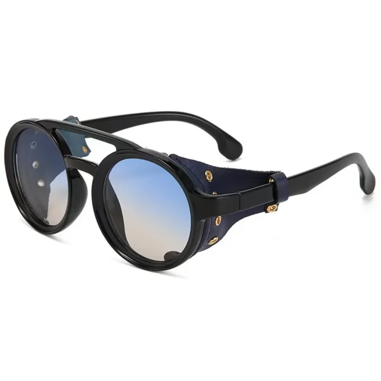 Blue Vintage Steampunk Round Sunglasses - Black Leather Side Shield - RaveStore.lk
