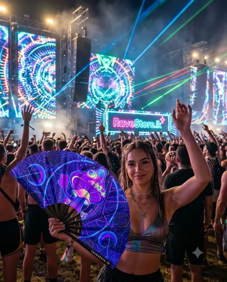 Third Eye Awakening Mushroom Large Bamboo Glow Rave Fan at a rave festival - RaveStore.lk