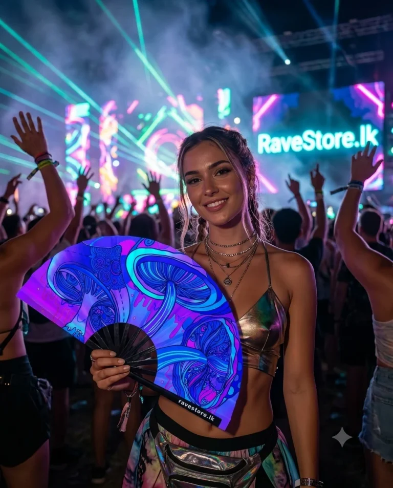 Mystic Mushroom Trio Large Bamboo Glow Rave Fan at a rave festival - RaveStore.lk
