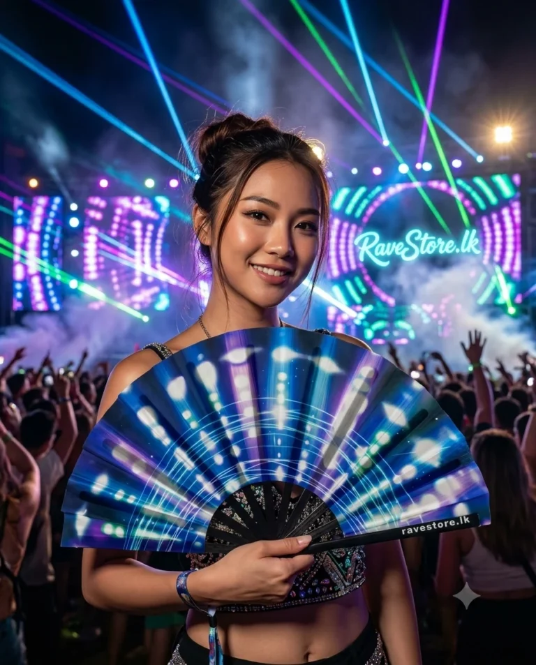 Electric Blue Pulse Large Bamboo Glow Rave Fan at a rave festival - RaveStore.lk