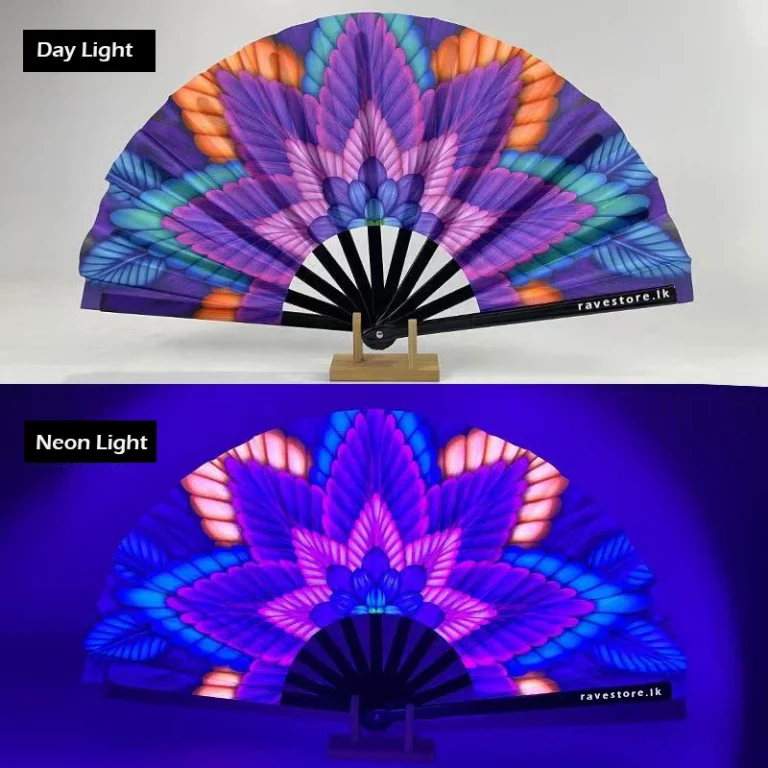 Psychedelic Leaf Ritual Large Bamboo Glow Rave Fan - RaveStore.lk
