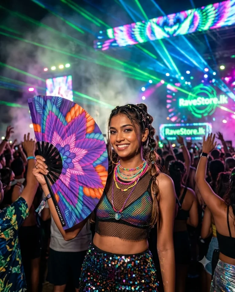 Psychedelic Leaf Ritual Large Bamboo Glow Rave Fan at a rave festival - RaveStore.lk