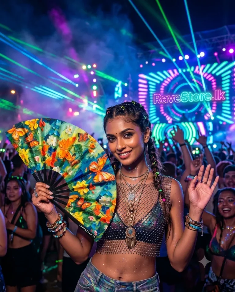 Butterfly Garden Dreams Large Bamboo Glow Rave Fan at a rave festival - RaveStore.lk