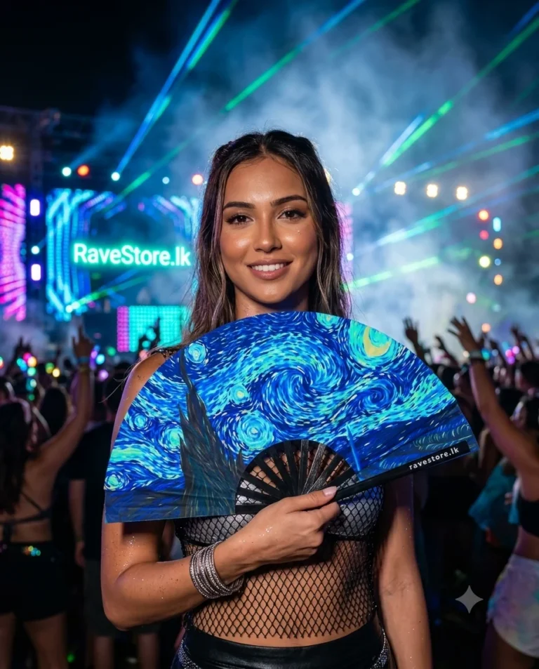Ocean Frequency Large Bamboo Glow Rave Fan at a rave festival - RaveStore.lk
