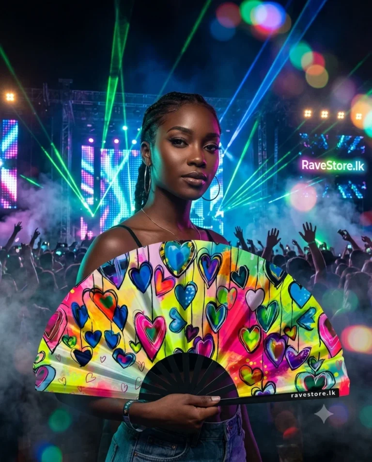 Heartwave Fantasy Large Bamboo Glow Rave Fan at a rave festival - RaveStore.lk