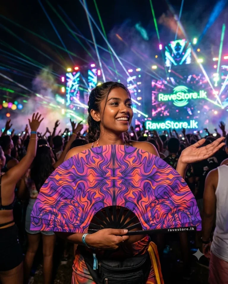 Psy Wave Dimension Large Bamboo Glow Rave Fan at a rave festival - RaveStore.lk