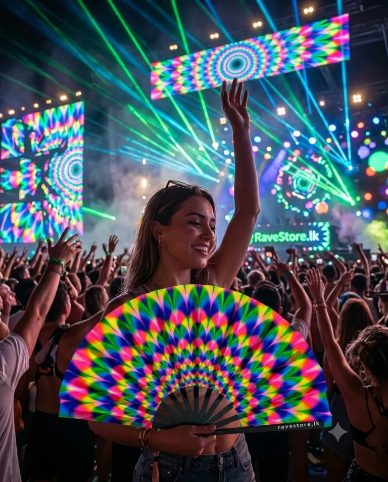 Psy Blossom Large Bamboo Glow Rave Fan at a rave festival - RaveStore.lk