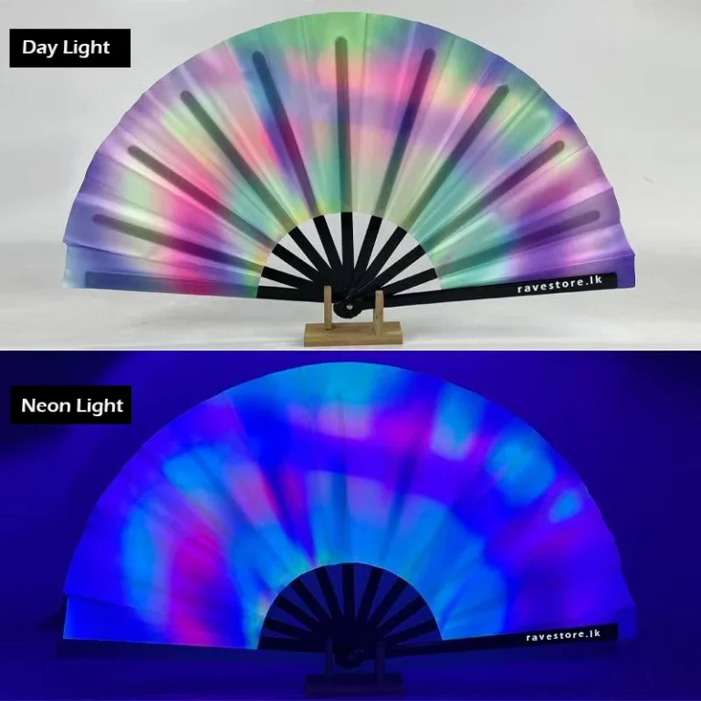 Prismatic Rainbow Pulse Large Bamboo Glow Rave Fan - RaveStore.lk