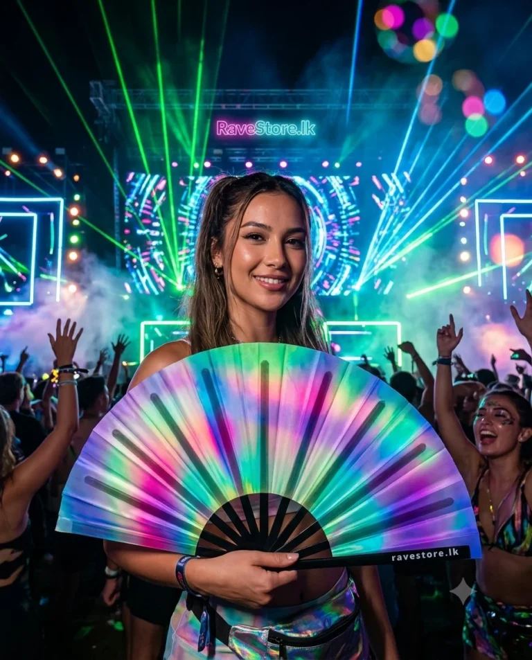 Prismatic Rainbow Pulse Large Bamboo Glow Rave Fan at a rave festival - RaveStore.lk