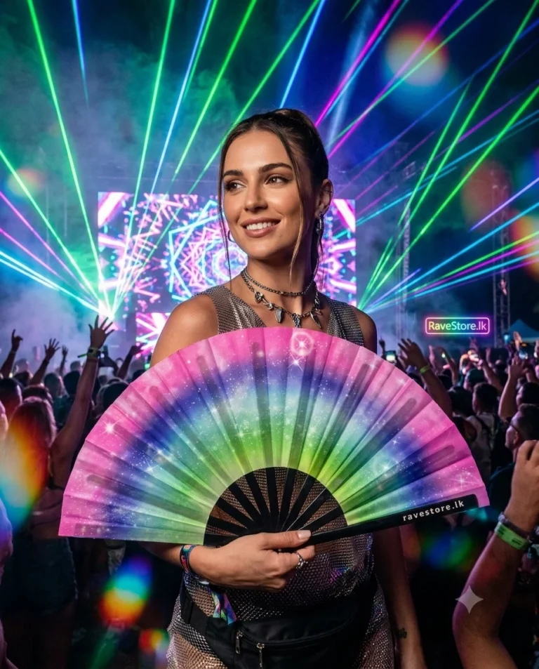 Cosmic Escape Large Bamboo Glow Rave Fan at a rave festival - RaveStore.lk