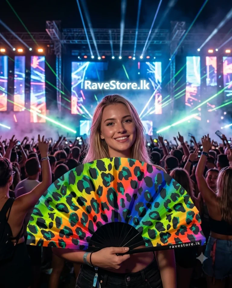 Rainbow Paradise Large Bamboo Glow Rave Fan at a rave festival - RaveStore.lk