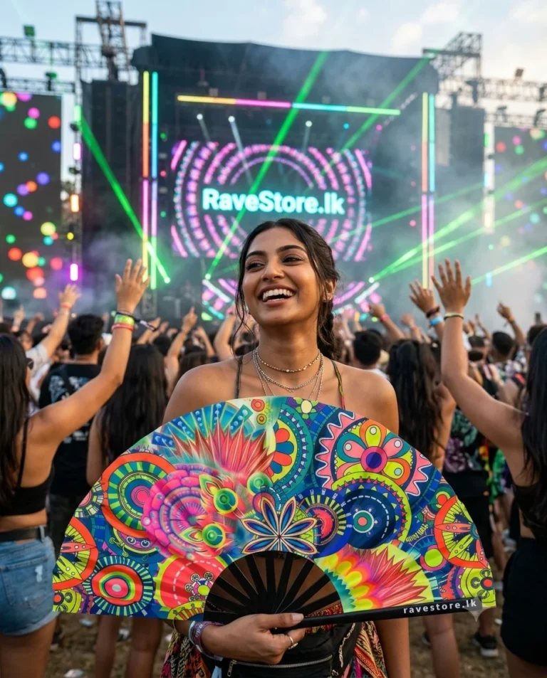 Secret Garden Frequency Large Bamboo Glow Rave Fan at a rave festival - RaveStore.lk