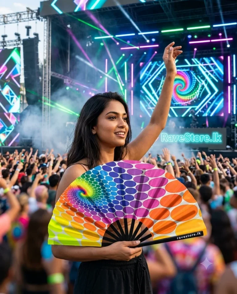 Mushroom Flight Large Bamboo Glow Rave Fan at a rave festival - RaveStore.lk