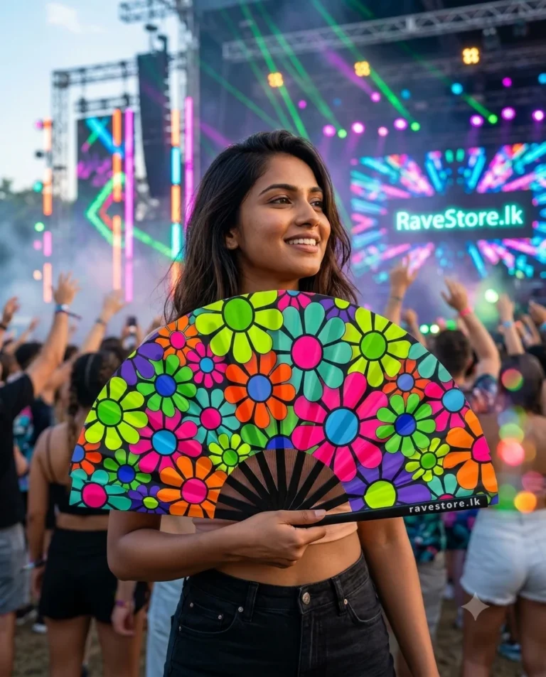 Enchanted Flower Realm Large Bamboo Glow Rave Fan at a rave festival - RaveStore.lk