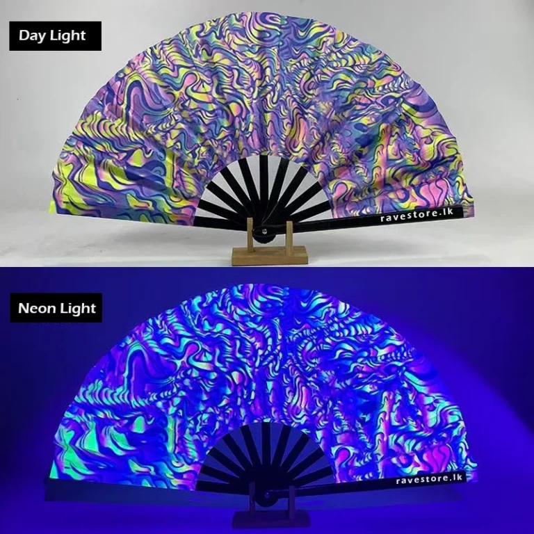 Bright psychedelic sunrise Large Bamboo Glow Rave Fan - RaveStore.lk