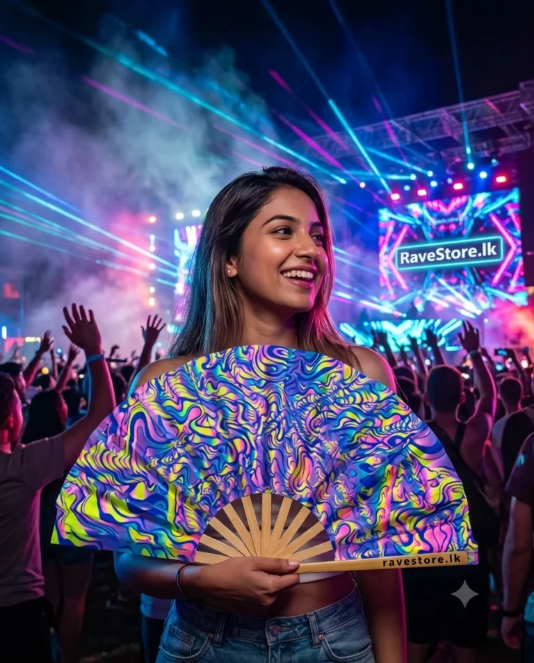 Bright Psychedelic Sunrise Large Bamboo Glow Rave Fan at a rave festival - RaveStore.lk