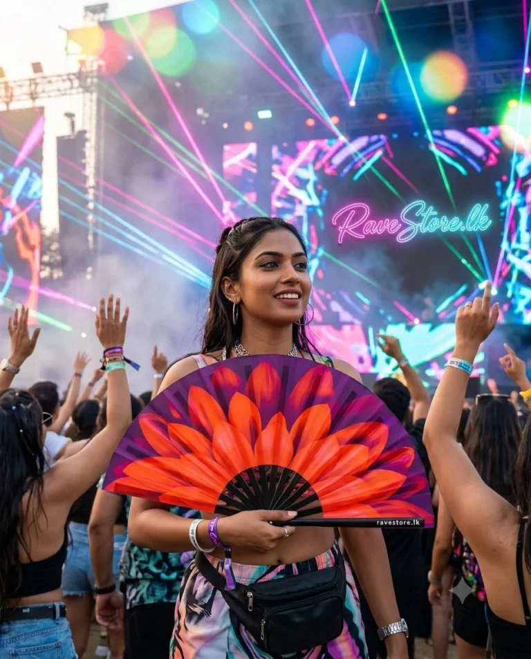 Red Lotus Energy Large Bamboo Glow Rave Fan at a rave festival - RaveStore.lk