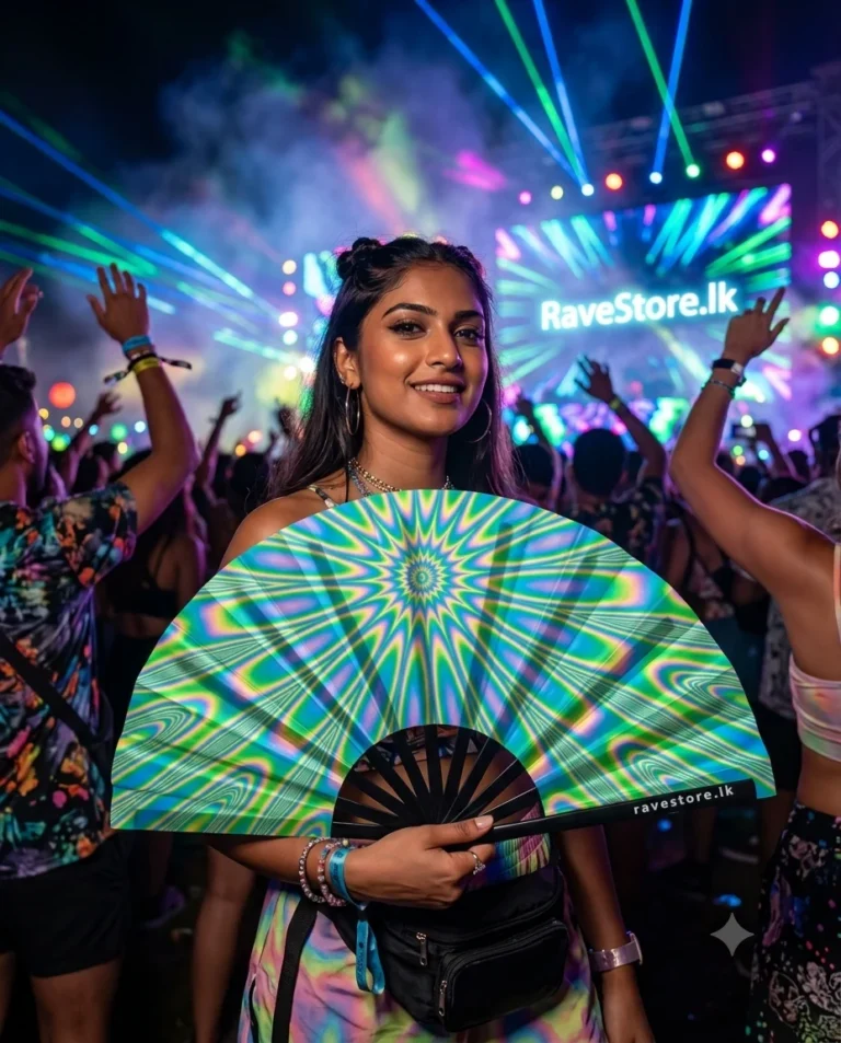 Cosmic Energy Large Bamboo Glow Rave Fan at a rave festival - RaveStore.lk