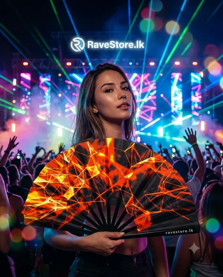 Burning Spectrum Large Bamboo Glow Rave Fan at a rave festival - RaveStore.lk
