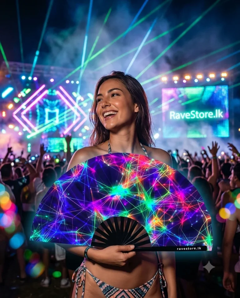 Rainbow Matrix Large Bamboo Glow Rave Fan at a rave festival - RaveStore.lk