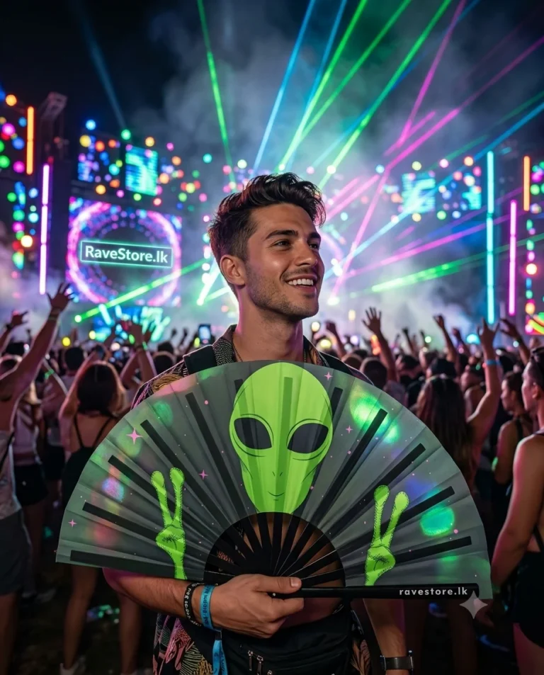 Lost in Space Large Bamboo Glow Rave Fan at a rave festival - RaveStore.lk