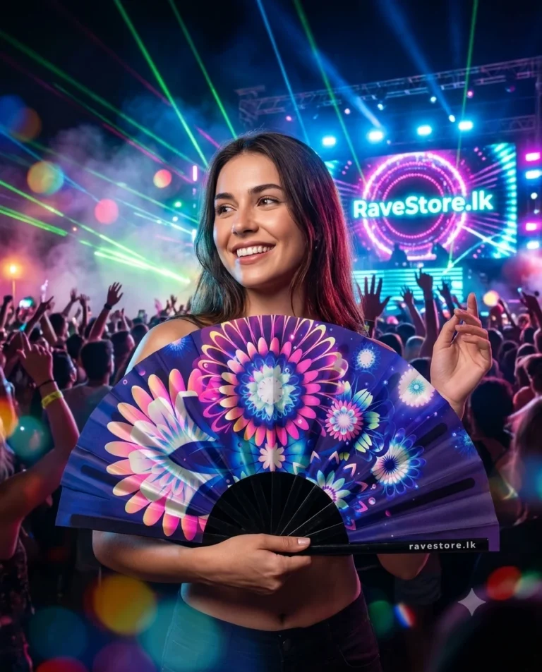 Vibrant Eden Large Bamboo Glow Rave Fan at a rave festival - RaveStore.lk