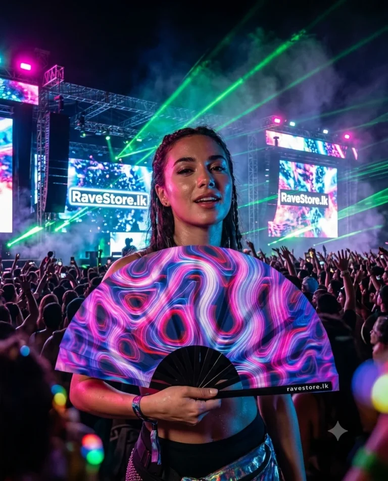 Power Waves Large Bamboo Glow Rave Fan at a rave festival - RaveStore.lk