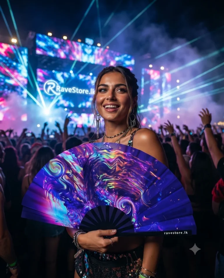 Rainbow Painting Large Bamboo Glow Rave Fan at a rave festival - RaveStore.lk