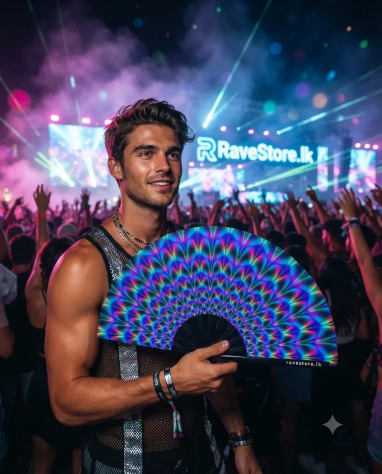 Psychedelic Energy Large Bamboo Glow Rave Fan at a rave festival - RaveStore.lk