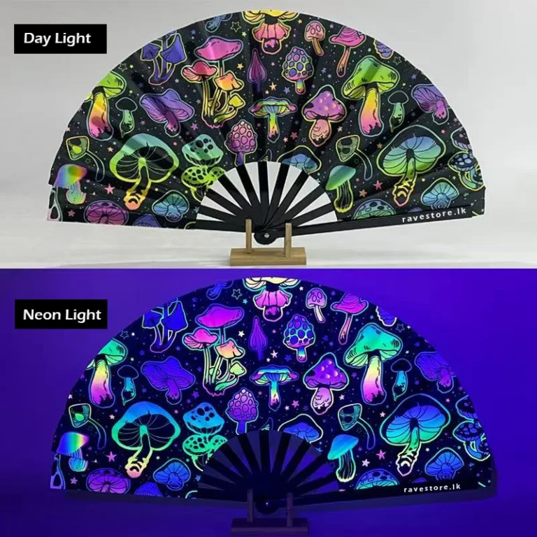 Magic Mushroom Journey Large Bamboo Glow Rave Fan - RaveStore.lk