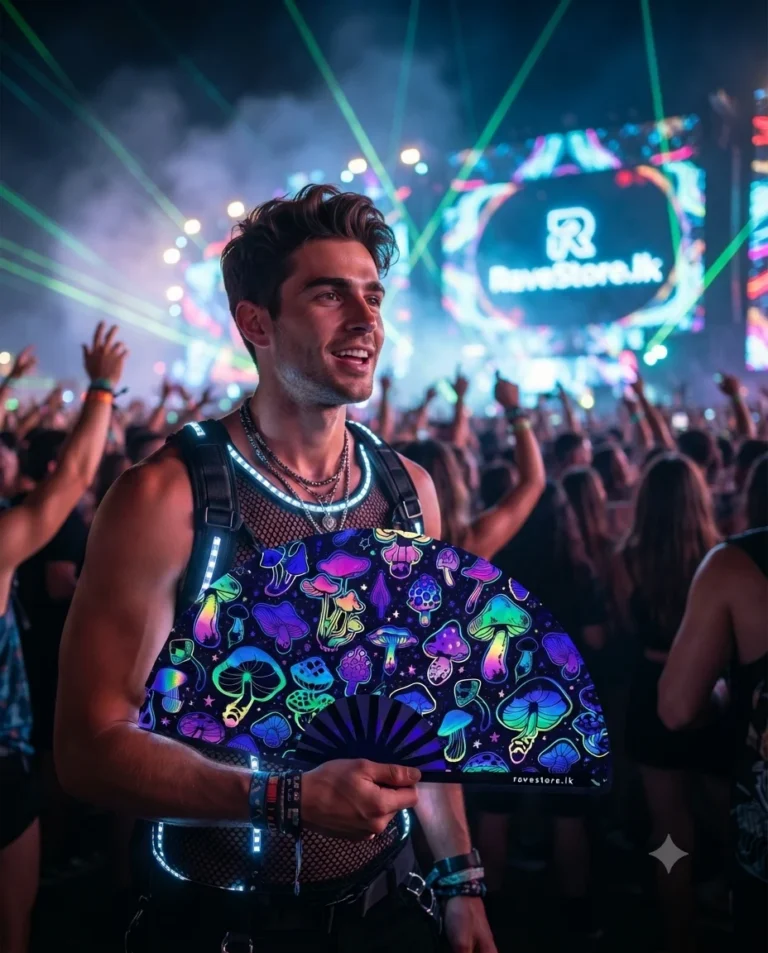 Magic Mushroom Journey Large Bamboo Glow Rave Fan at a rave festival - RaveStore.lk