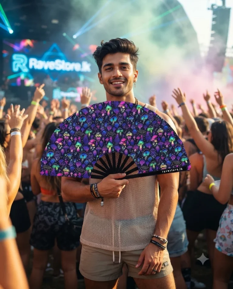 Mushroom Galaxy Large Bamboo Glow Rave Fan at a rave festival - RaveStore.lk