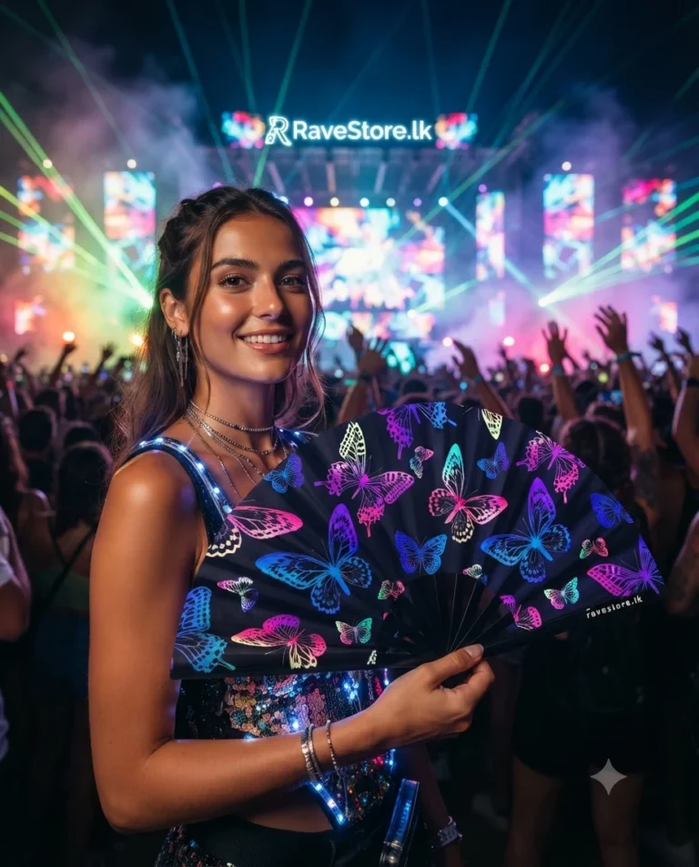 Butterfly Effect Large Bamboo Glow Rave Fan at a rave festival - RaveStore.lk