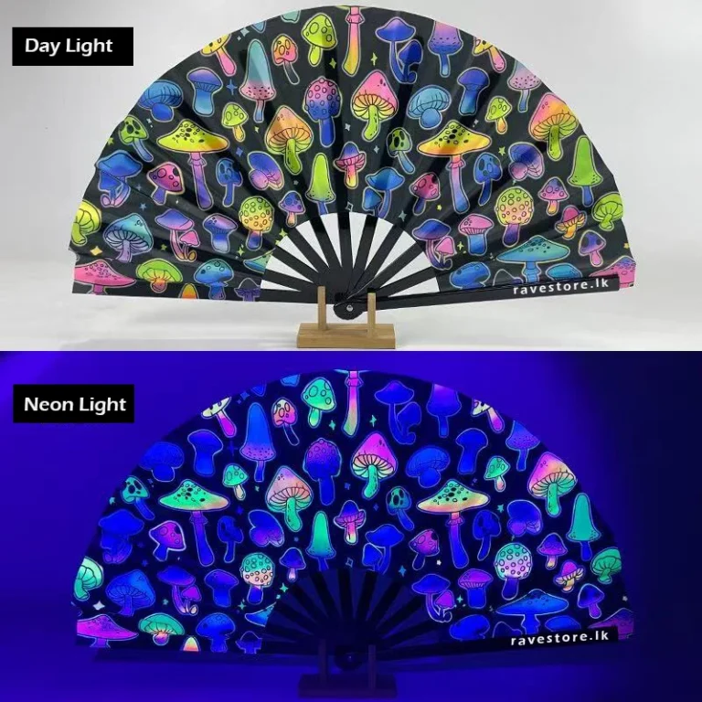 Neon Mushroom Dreems Large Bamboo Glow Rave Fan - RaveStore.lk