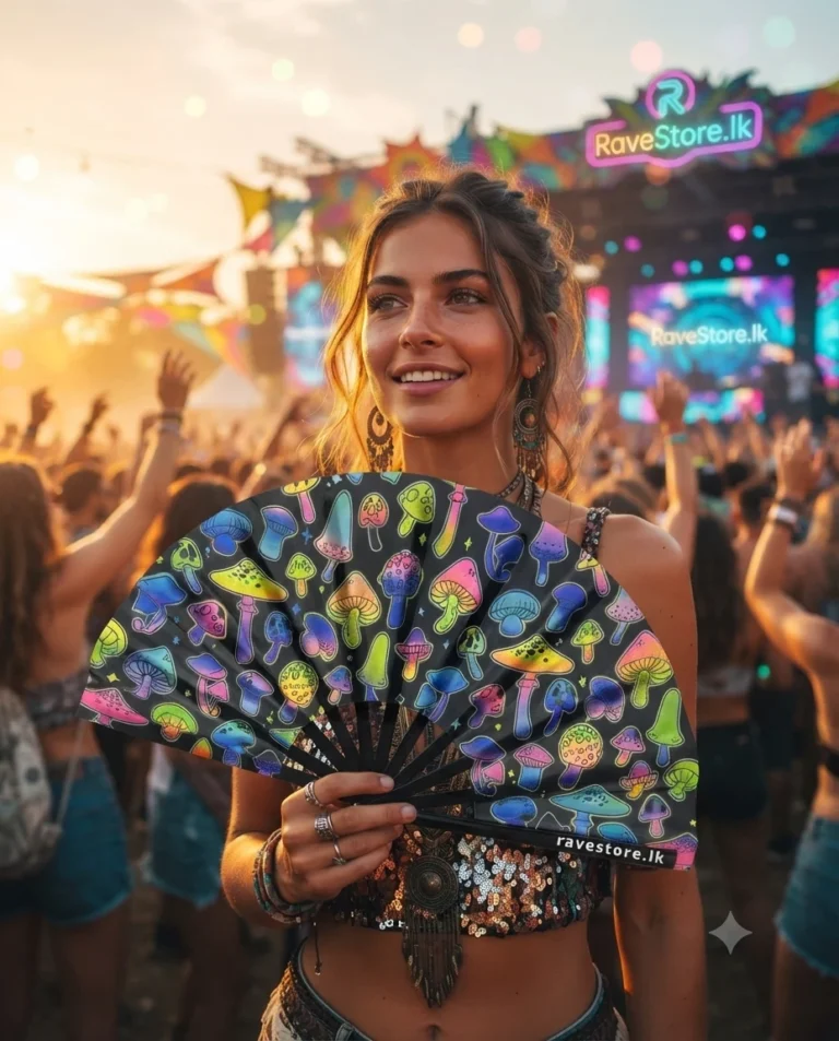 Neon Mushroom Dreams Large Bamboo Glow Rave Fan at a rave festival - RaveStore.lk