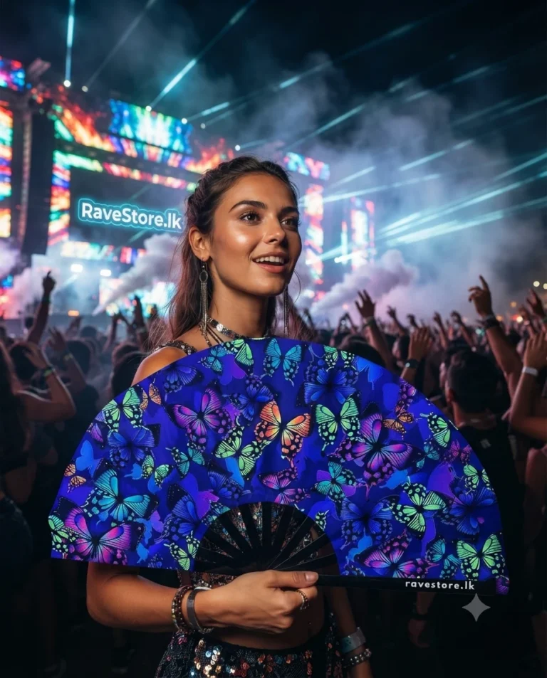 Butterfly Garden Dreams Large Bamboo Glow Rave Fan at a rave festival - RaveStore.lk