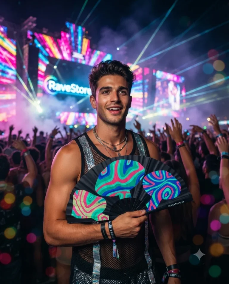 Snake Mushrooms Large Bamboo Glow Rave Fan at a rave festival - RaveStore.lk