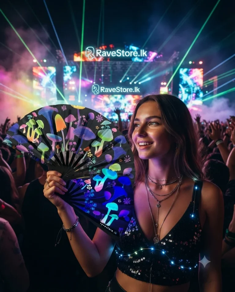 Psychedelic Mush Portal Large Bamboo Glow Rave Fan at a rave festival - RaveStore.lk
