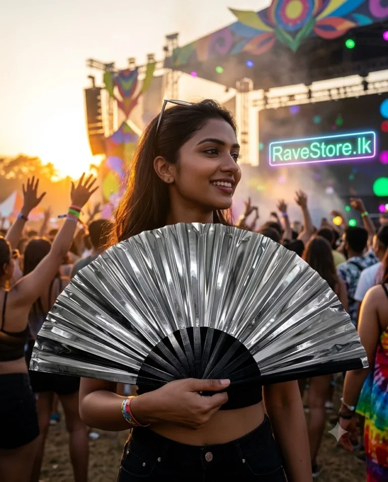 Chrome Silver Reflective Bamboo Large Rave Fan at a rave festival - RaveStore.lk
