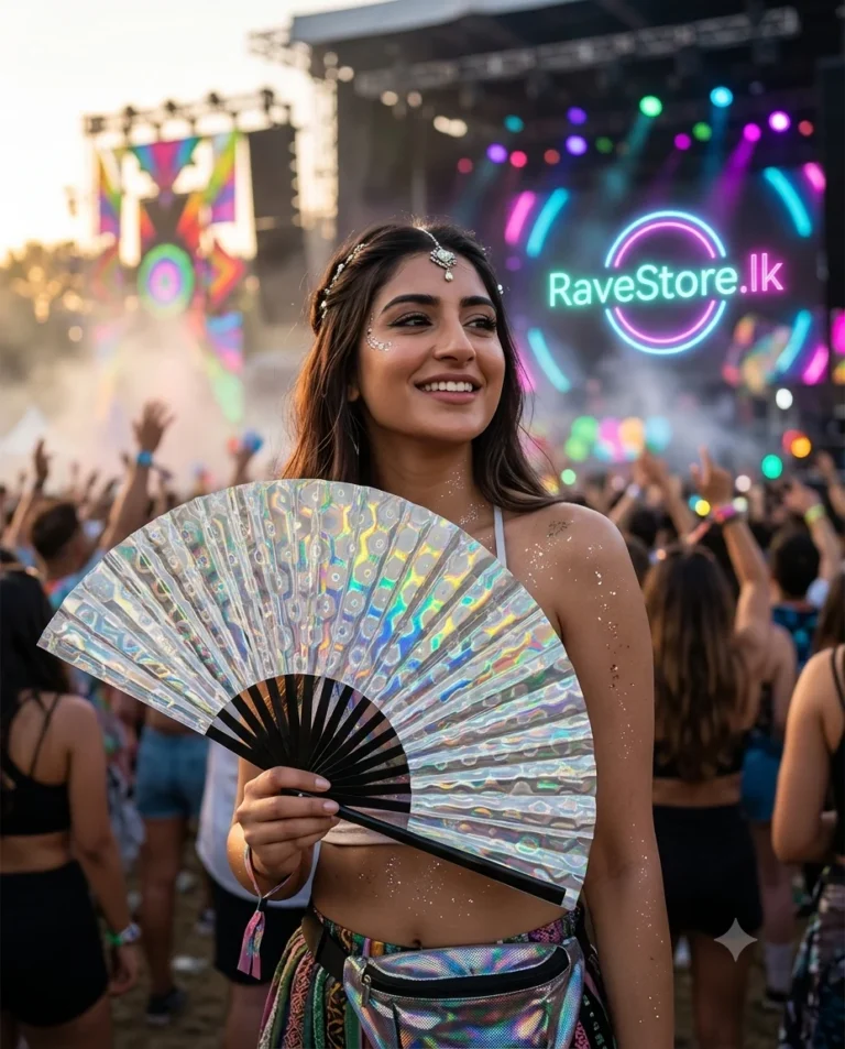 Silver Reflective Bamboo Large Rave Fan at a rave festival - RaveStore.lk