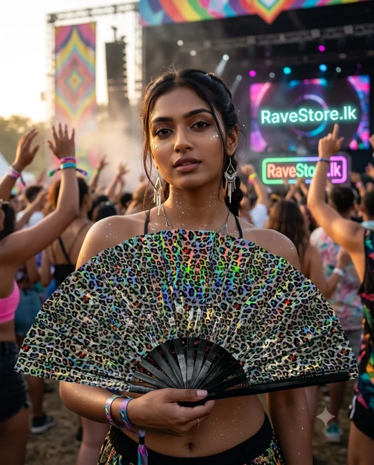 Rainbow Leopard Reflective Bamboo Large Rave Fan at a rave festival - RaveStore.lk