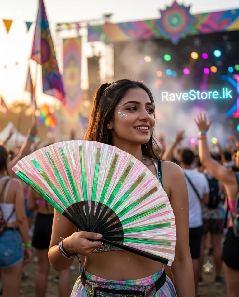 Trippy Reflective Bamboo Large Rave Fan at a rave festival - RaveStore.lk