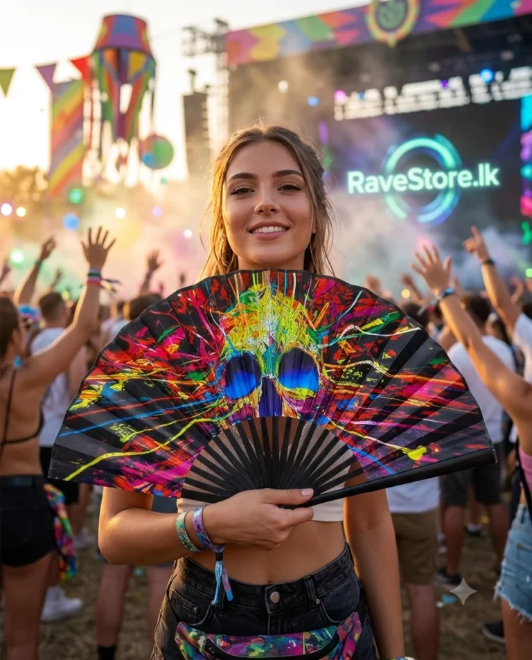 Prismatic Gothic Small Bamboo Glow Rave Fan at a rave festival - RaveStore.lk