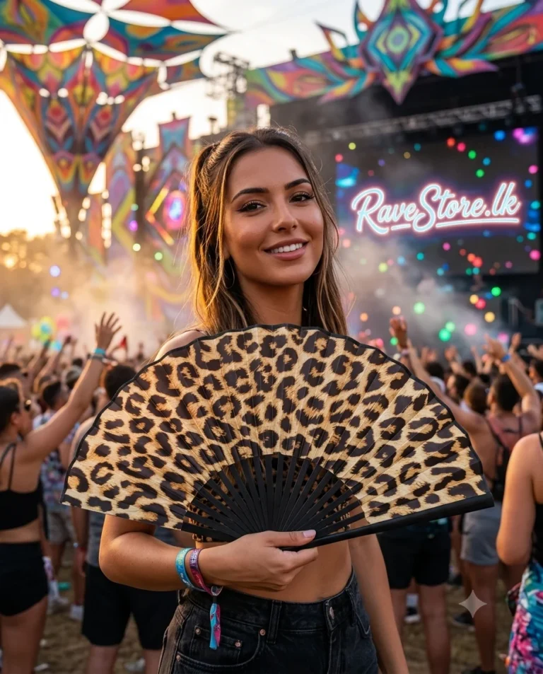 Leopard Print Small Bamboo Glow Rave Fan at a rave festival - RaveStore.lk