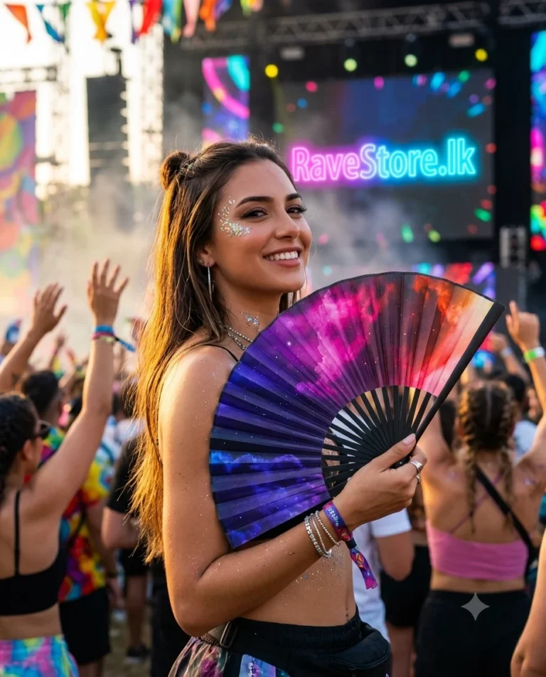 Galaxy Small Bamboo Glow Rave Fan at a rave festival - RaveStore.lk